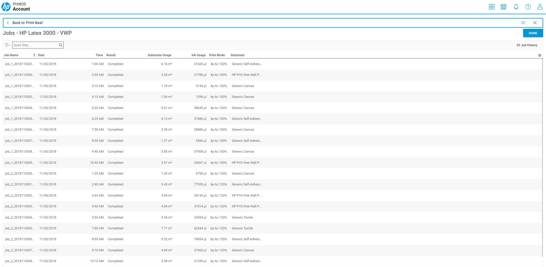 HPLatex Print beat account dashboard